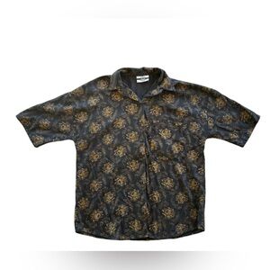 Vintage 90s Men's Black and Gold Patterned Shirt Floral Roses Button Up Collard